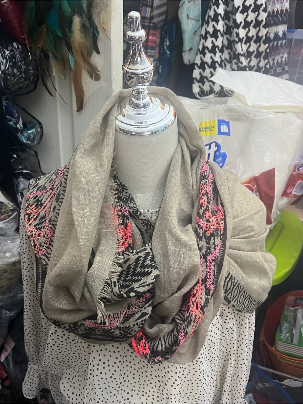 Target Beige Scarf with Neon Pink Embroidered Trim -Accessory Infinity S216